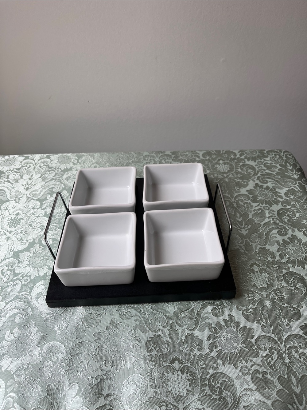 4-Piece Square Ceramic Dipping Bowl Set with Black Wood Serving Tray & Handles